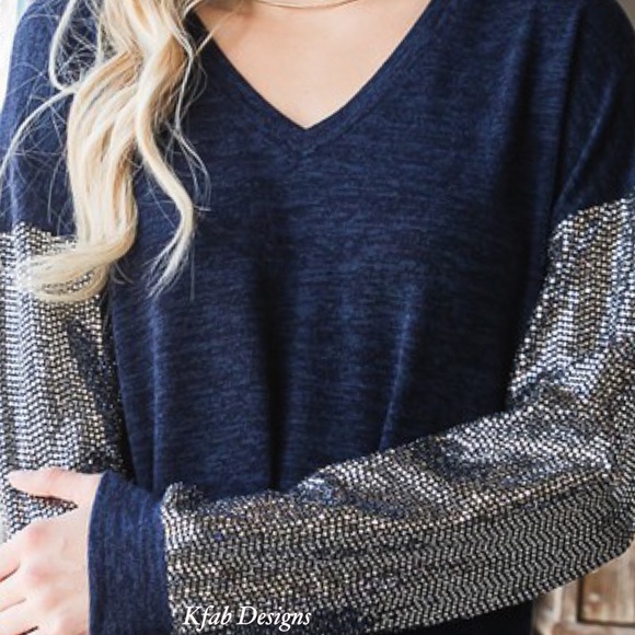 ❤️LAST! V Neck Midnight Blue Super Soft Sequin Sleeve Top! - Picture 16 of 16